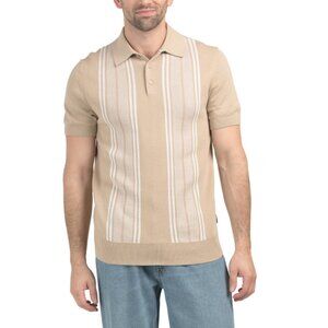 BEN SHERMAN Oatmeal Short Sleeve Vertical Mod Stripe Sweater Polo